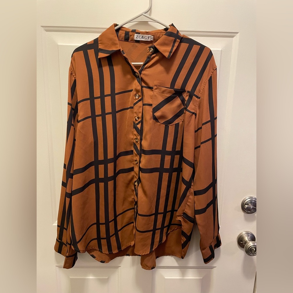 ZC & GF Women's Brown and Black Plaid Blouse